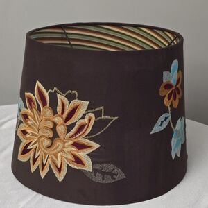 70s Embroidered Vintage Brown Blue Orange Lampshade Striped Interior 14"W x 10"H